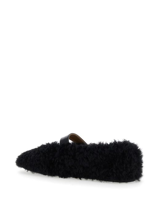 Ferragamo Black Ballerinas With Shearling Design And Buckle