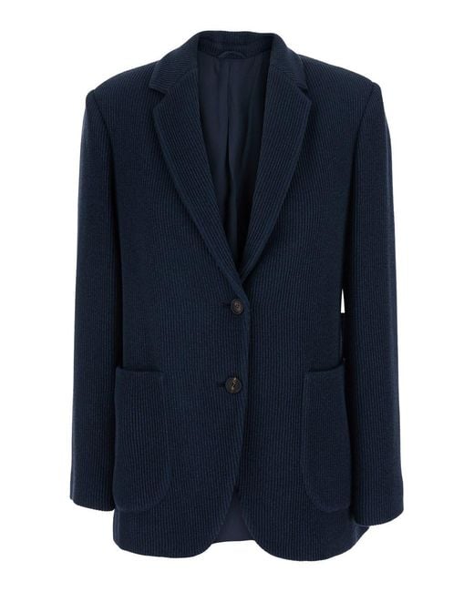 Brunello Cucinelli Blue Single-Breasted Jacket With Notched Revers And