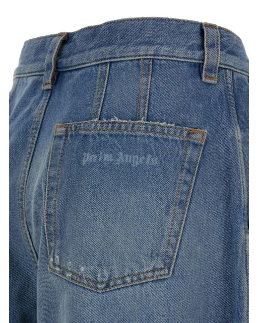 Jeans A Vita Alta Ampi Con Logo di Palm Angels in Blue