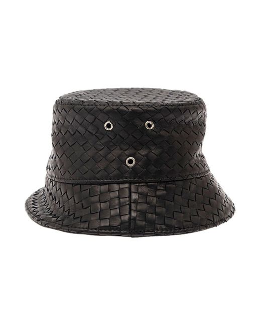 Bottega Veneta Black Bucket Hat With Metal Eyelets And Intreccio Motif In Leather for men