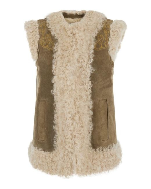 Etro Natural Shearling Coat With Maxi Embroidery On The Back