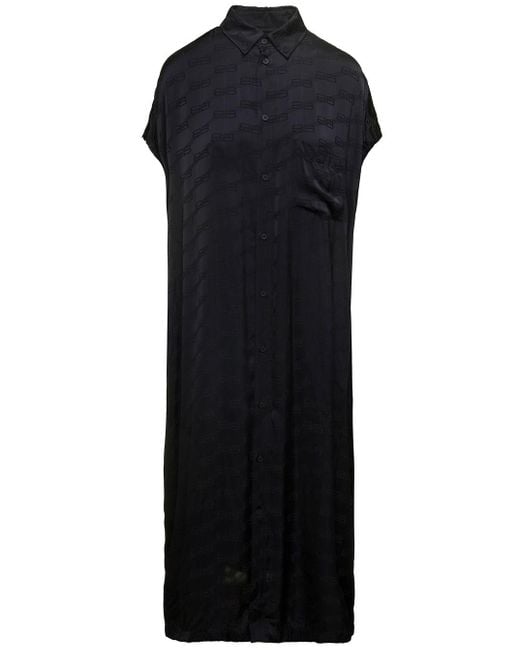 Balenciaga Maxi Black Chemisier Dress With Bb Monogram Jacquard In Viscose Woman