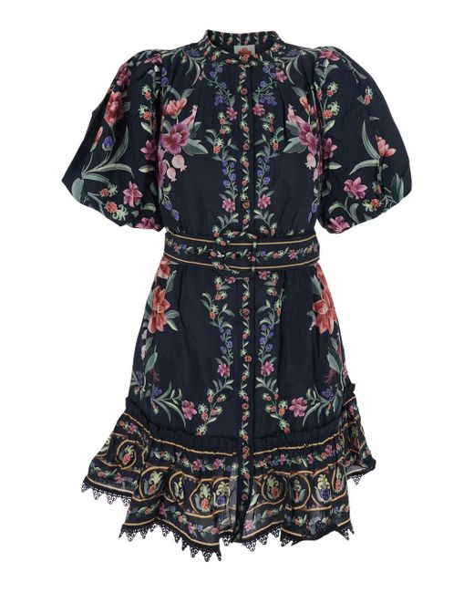 Farm Rio Black Dress With All-Over Floral Pattern And Ruffled Skirt