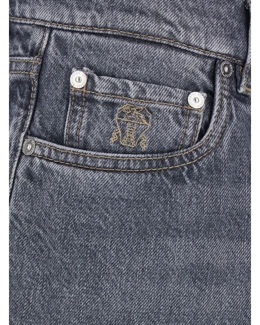 Jeans Con Risvolti E Patch Logo Sul Retro di Brunello Cucinelli in Blue da Uomo