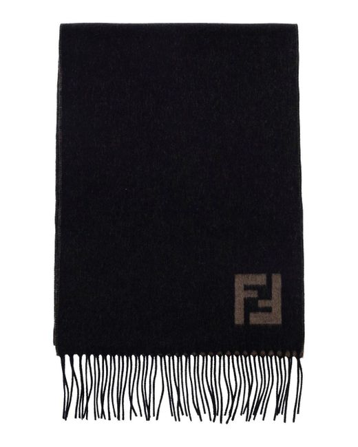 Fendi Black Scarf With Fringed Hem And Ff Embroidery On The Front for men