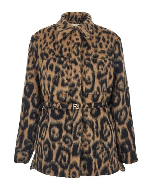 Fendi Brown Coat With Ff Buckled Belt On The Front And All-Over L