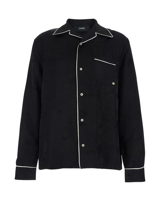 Amiri Black Shirt With Cuban Collat And Tone-On-Tone Floral Embroidery for men