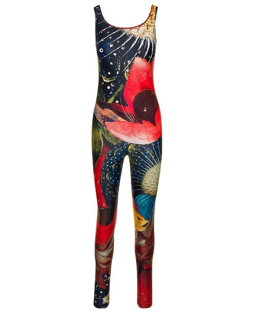 Alexander McQueen Red Fiited Jumpsuit With All-over Bosch Print In Stretch Polyamide Woman