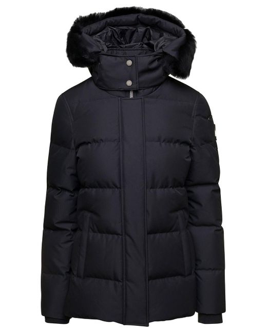 Moose Knuckles Blue Black Down Jacket With Detachable Fur Detail And Logo Patch In Nylon Woman