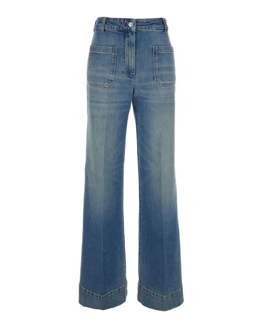 Victoria Beckham Blue 'Alina' Jeans With Belt Loops And Logo Embroidery On The Pocket