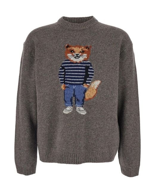 Maison Kitsuné Gray Crewneck Sweater With Logo Embroidery for men