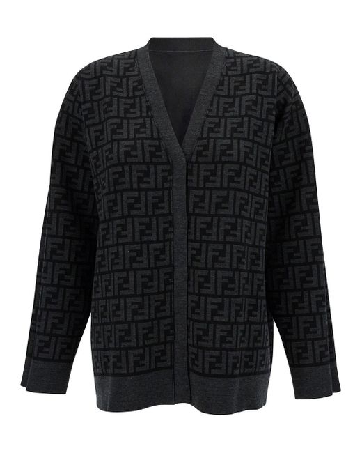 Fendi Black Reversible Cardigan With Jacquard Ff Motif