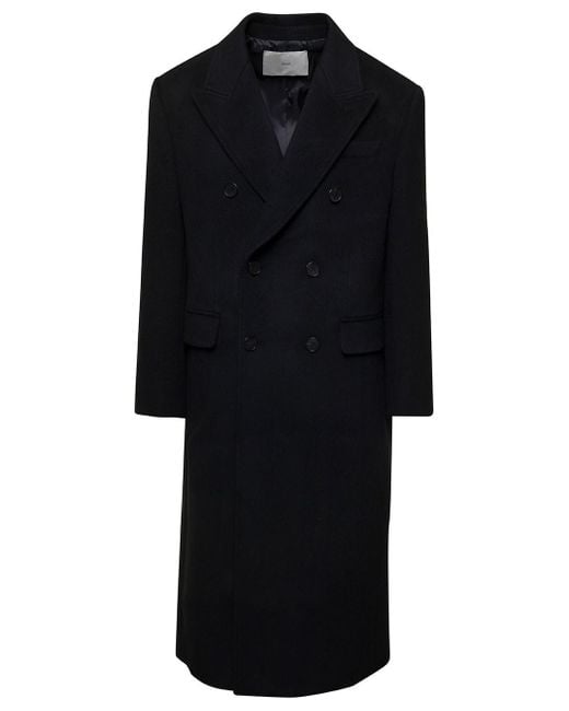 DUNST Black Long Tailored Double-breasted Coat In Wool for men