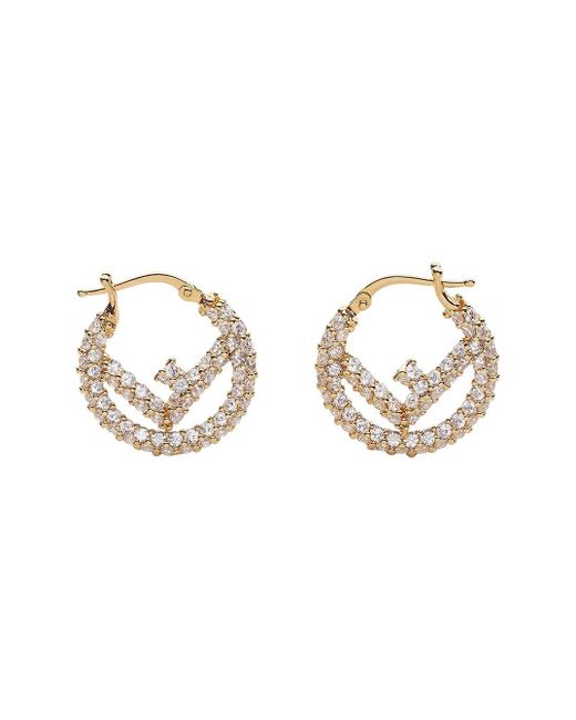 Fendi Metallic 'f Is ' Gold-colored Hoop Earrings With White Crystals In Bronze