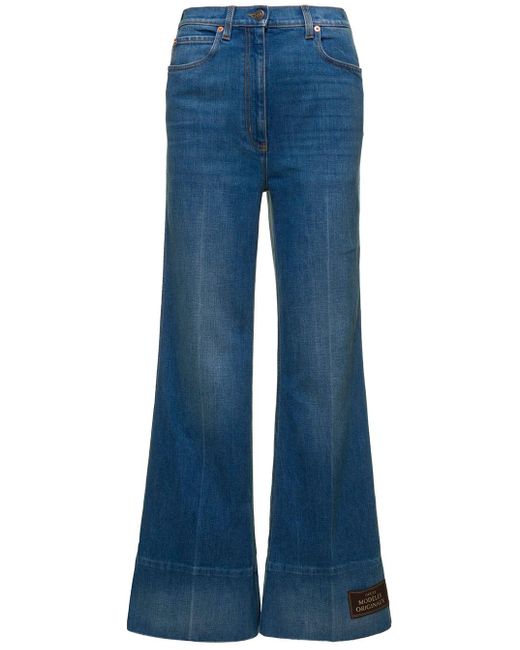 Gucci Blue E Flare Pant With Label In Washed Broken Twill Denim Woman