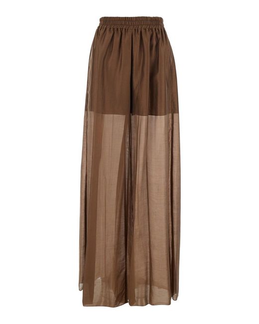 Le Plain Brown Pants With Elastic Waist And Semi-Transparent Design In