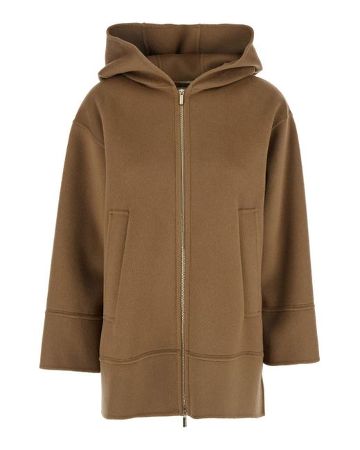 Max Mara Brown 'Cloe' Coat With Fixed Hood And Dropped Shoulders In