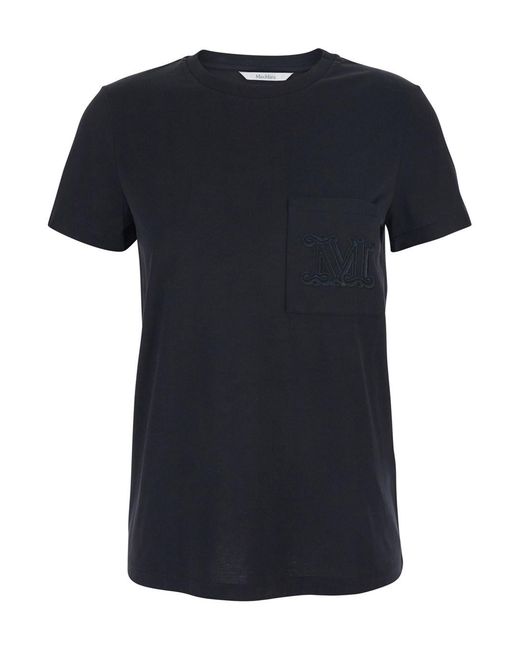 Max Mara Black 'Papaia' Crewneck T-Shirt With One Front Patch Pocket With Logo Embroidery