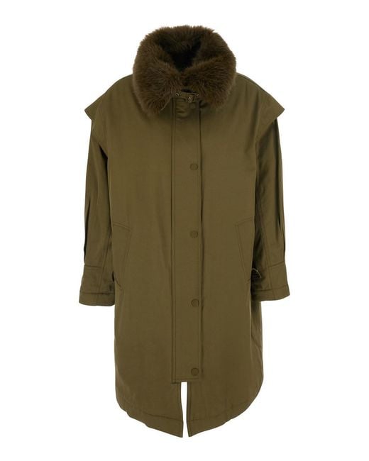 Twinset Green Coat With Fur Collar And Button Closure On The Front In