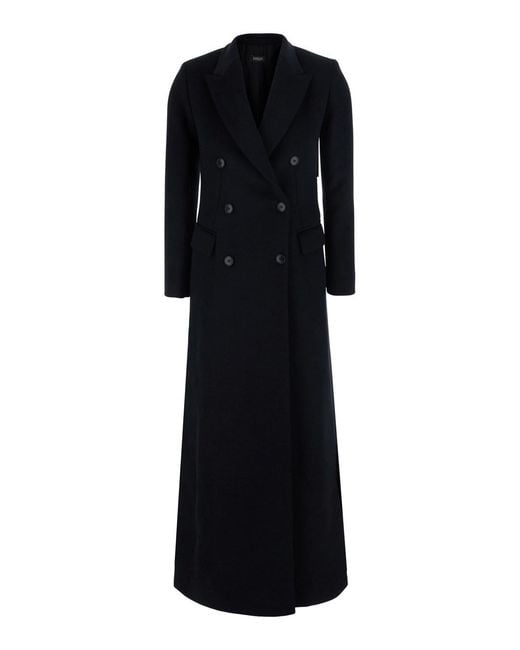 Le Plain Black Long Double-Breasted Coat With Peak Revers