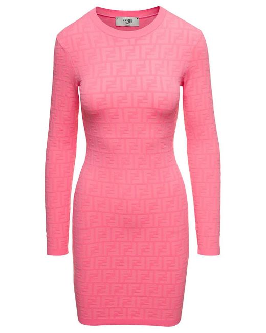 Fendi Pink Mini Dress With All-over Ff Jacquard Motif In Viscosa Blend Woman