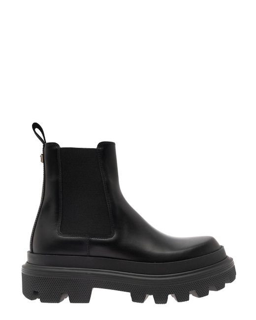 Dolce & Gabbana Black Chelsea Ankle Boots With Chunky Platform With Logo Plaque In Leather Blend Man for men