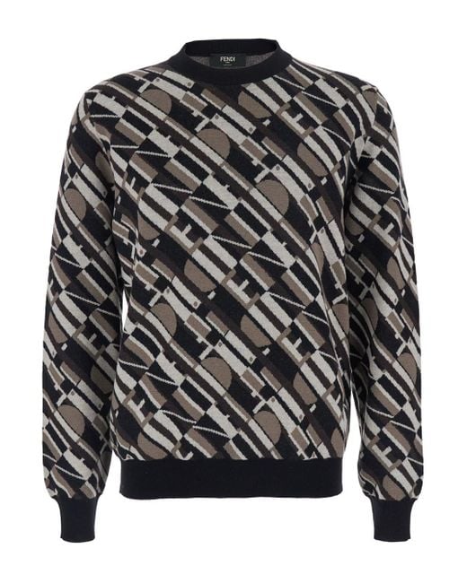 Fendi Black Crewneck Sweater With All-Over Geometric Motif for men
