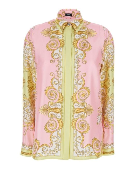 Versace Pink Shirt With Pointed Collar And All-Over Barocco Print