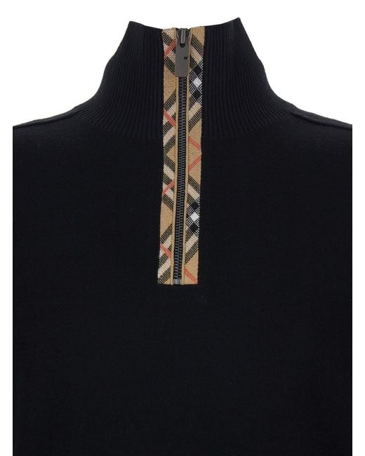 Burberry Blue Turtleneck Sweater With Check Detail On The Front for men