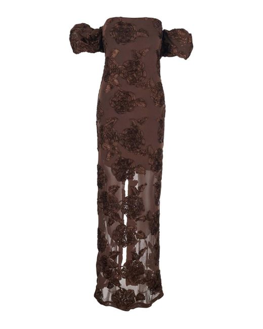 ROTATE BIRGER CHRISTENSEN Brown Long Dress With Removable Short Sleeves And All-Over Floral Embroidery