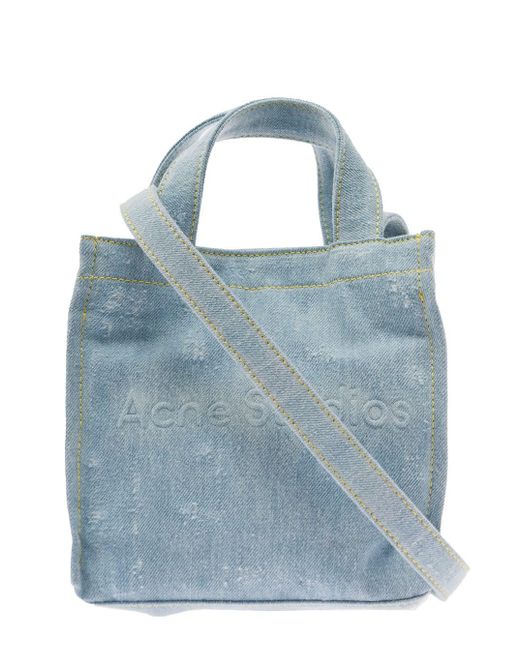 Acne Blue Light E Shopper Bag With Shoulder Strap And Logo-embossed In Distressed Cotton Denim