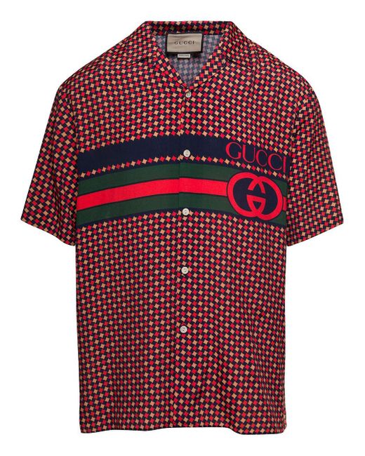 Gucci Red Bowling Shirt With Geometric Houndstooth Print And Web In Silk Man for men