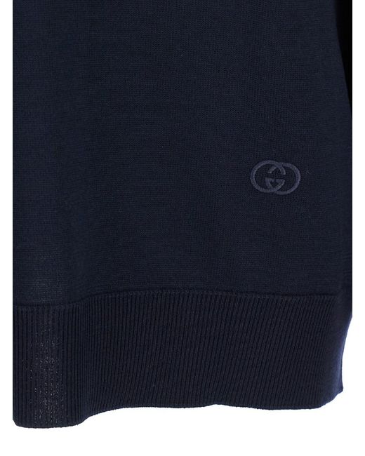 Gucci Blue Polo Collar Sweater With Gg Logo On The Front
