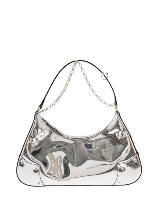 ANDERSSON BELL Metallic 'butterfly Ab' Silver-tone Shoulder Bag With Piercing Details In Leather Woman
