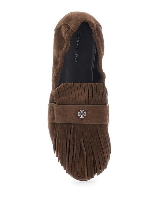 Tory Burch Brown Suede Loafers With Fringe And Metallic Logo