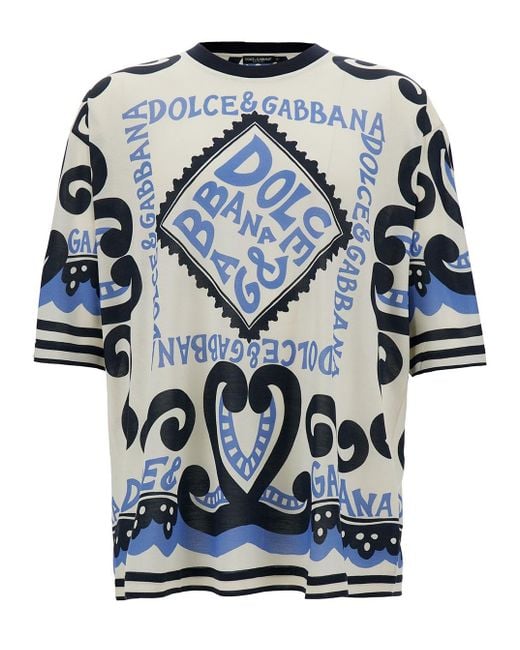 Dolce & Gabbana Light Blue And White Crewneck T-shirt With Marina Print In Silk Man for men
