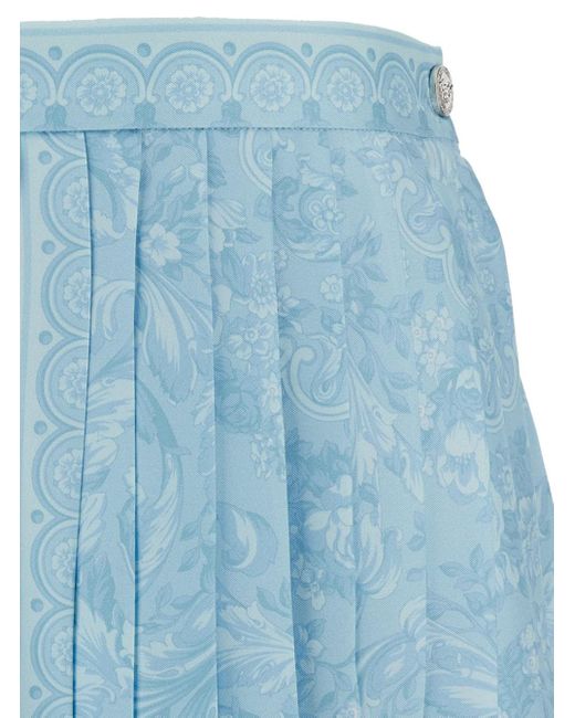Versace Blue Mini Light Pleated Skirt With Tonal Barocco Print
