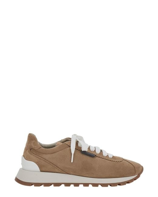 Brunello Cucinelli Brown Low Top Sneakers With Monil Detail On The Side And Logo Lettering On The Tongue