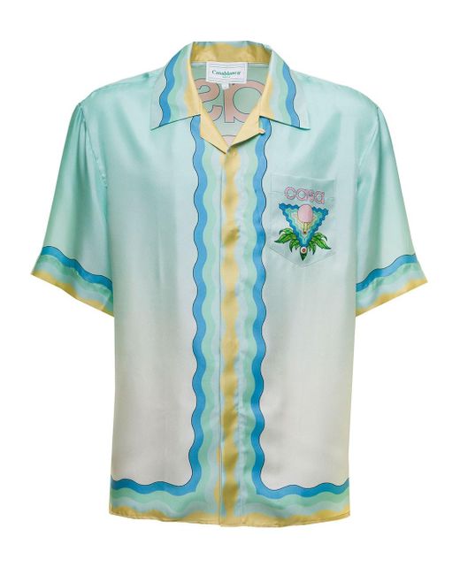 CASABLANCA Blue Man's Memphis Icon Silk Satin Bowling Shirt for men