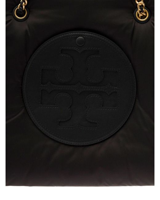 Tory Burch 'ella' Black Tote Bag With Tonal Logo Patch In Recycled Featherweight Polyester Woman