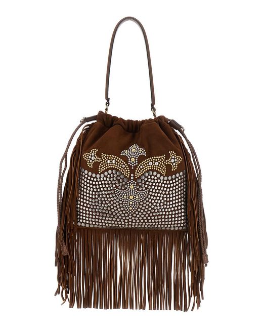 Etro Brown Shoulder Bag With Drawstring Closure And Maxi Fringes