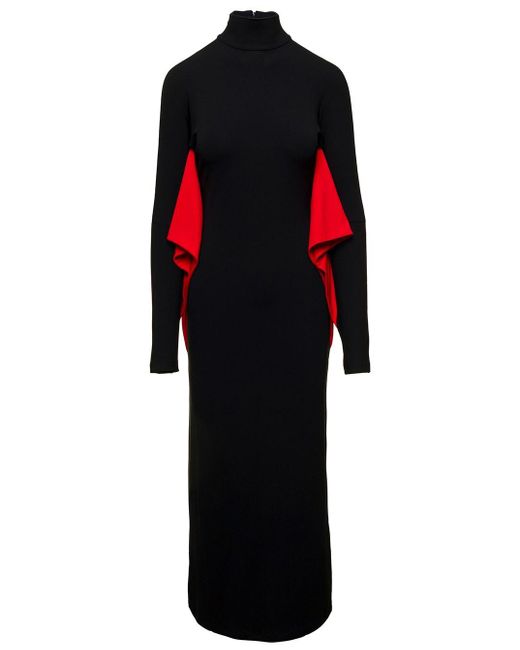 Ferragamo Red Long Black Dress With Batwing Sleeves With Contrasting Inserts In Stretch Viscose Woman