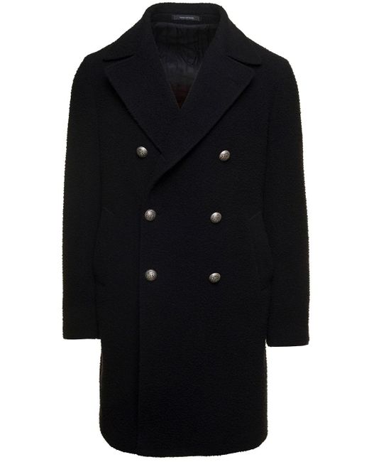 Tagliatore Black Double-breasted Coat With Branded Buttons In Wool Blend Man for men