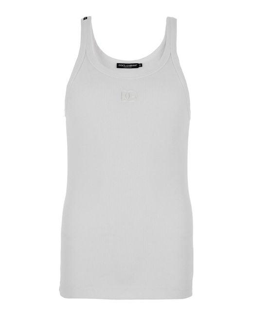 Dolce & Gabbana White Sleeveless Top With Logo Embroidery On The Front And Ribbed Knit for men