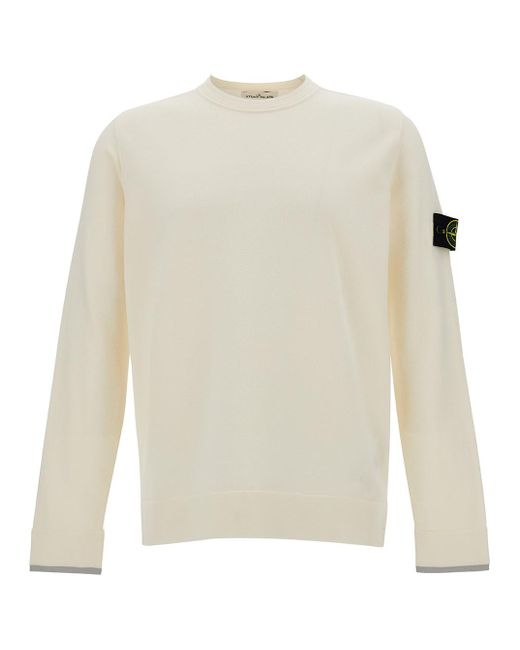 Stone Island White Crewneck Sweater With Logo Patch In Wool Blend Man for men
