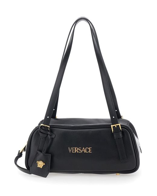 Versace Black 'Tag Bowling' Shoulder Bag With Metallic Logo Lettering And Medusa Head Pendant