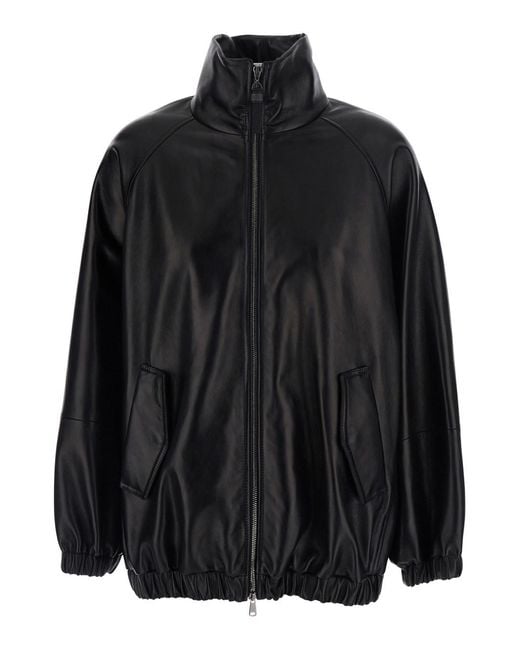 Brunello Cucinelli Black Jacket High-Collar Leather