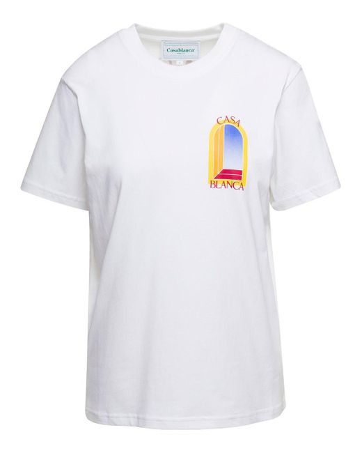 CASABLANCA White Crewneck T-shirt With L'arche De Jour Print In Cotton Woman