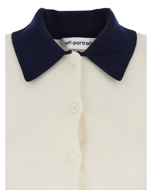 Self-Portrait White Cropped Cardigan With Contrasting Collar And Tonal Button Closure