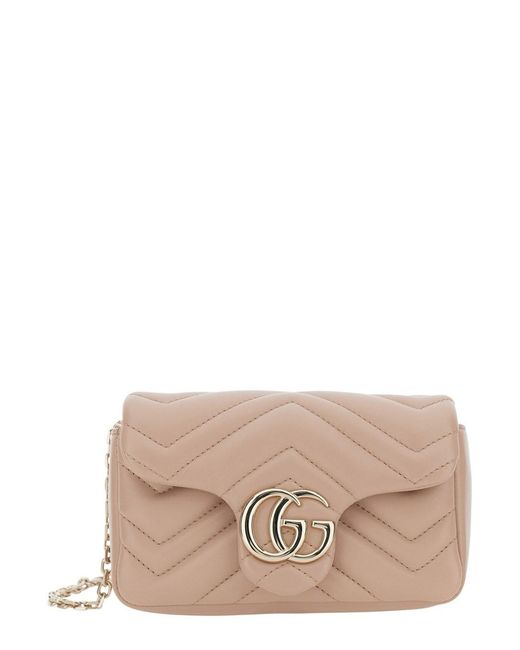 Gucci Natural 'Ophidia' Mini Bag With Chain-Link Shoulder Strap And Gg Pl
